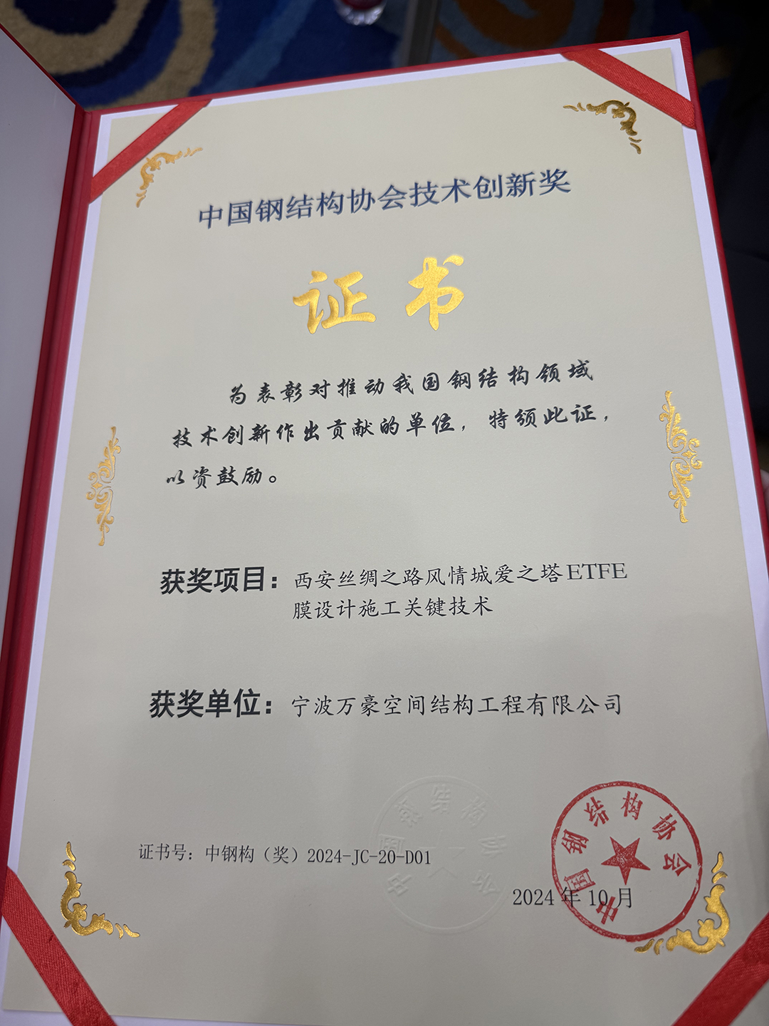 喜報！恭喜萬豪空間結(jié)構(gòu)榮獲中國鋼結(jié)構(gòu)協(xié)會2024年度技術(shù)創(chuàng)新獎